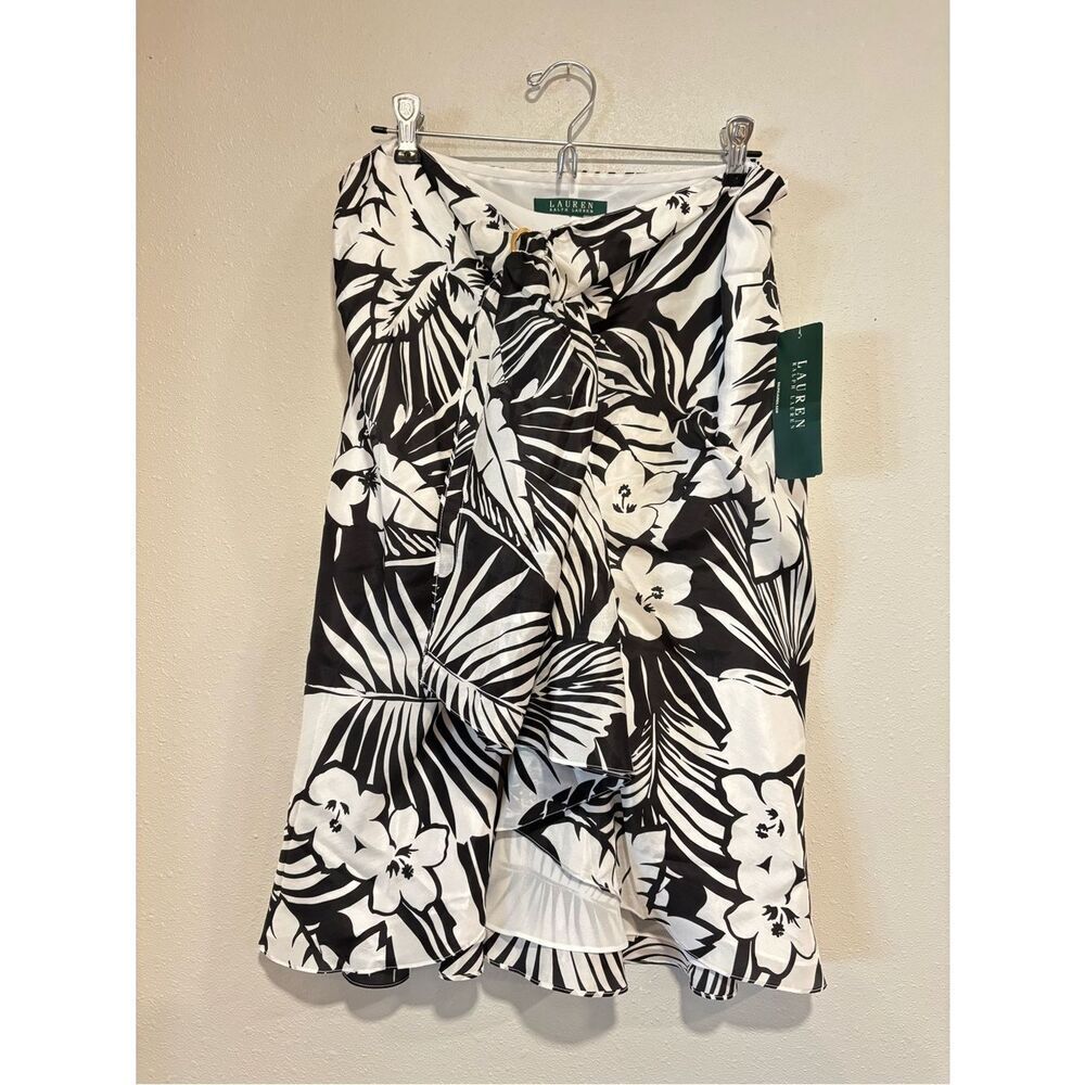 NWT SILK Lauren Ralph Lauren Tropical Floral Asymmetrical Skirt Black White